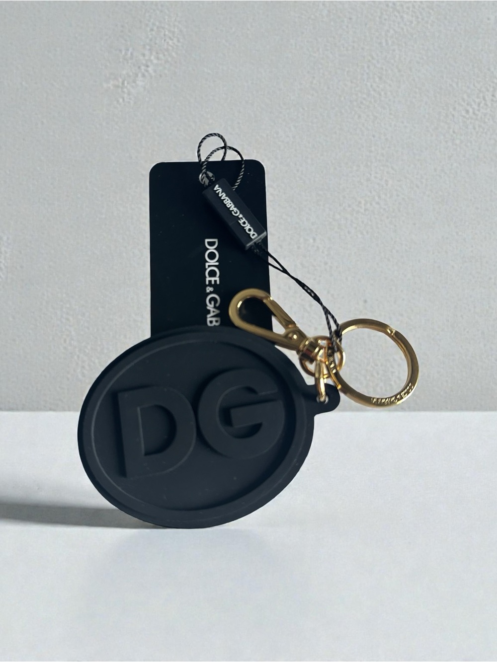 Dolce & Gabbana DG Logo Rubber Keychain Black Gold-Tone NWT